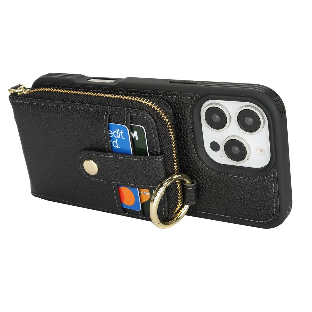 For iPhone 16 Pro Case with Zipper Pouch/Ring Kickstand/Strap Litchi Texture PU + TPU Phone Cover