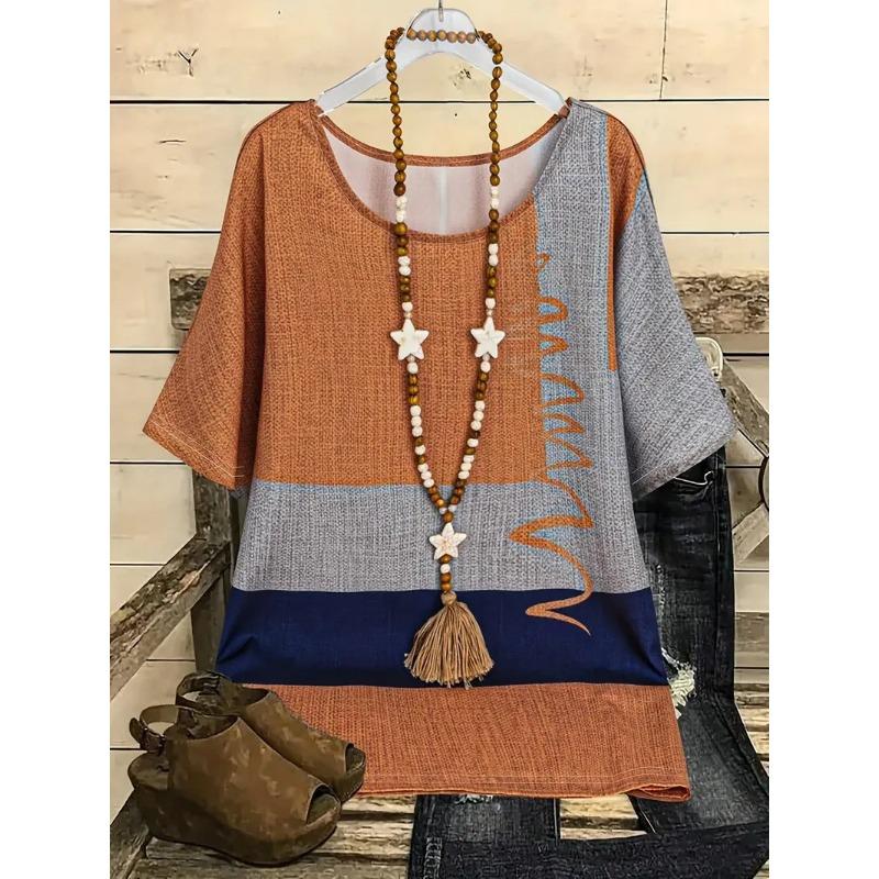 Vibrant Short Sleeve Top Spring & Summer Comfortable Casual Womens Curvy Fashion Clothing Plus Size Geometric Chic T-Shirt