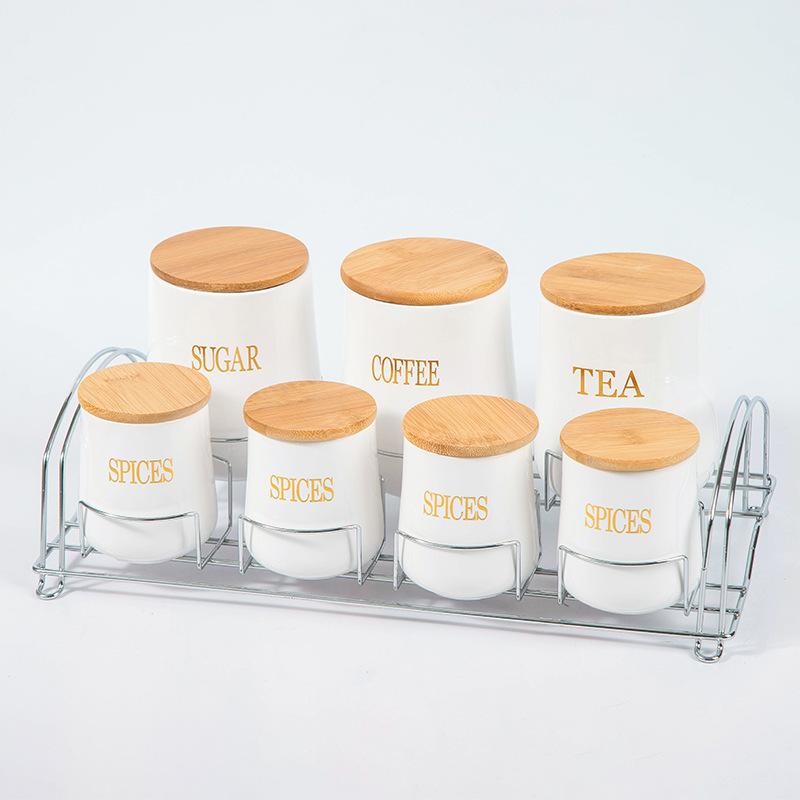 Grain Storage Tank 7 Piece Set Kitchen Storage Container Moisture Proof Sealed Jar Wooden Cover Food Organizer Candy Jar Tea Can
