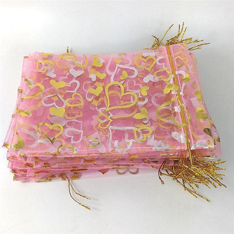 A33R-9X12cm Heart Printed Pink Organza Bags Jewelry Pouch Bags Organza Drawstring Pouches