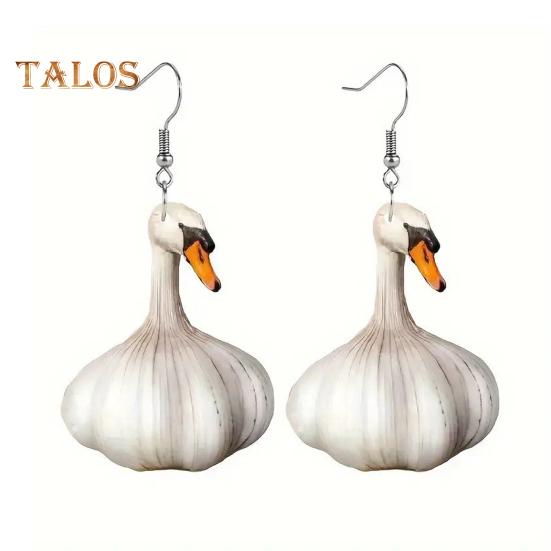 

1 пара женских сережек-крючков 2D в форме чеснока и гуся, акриловые висячие серьги, легкие украшения для ушей с животным декором белый