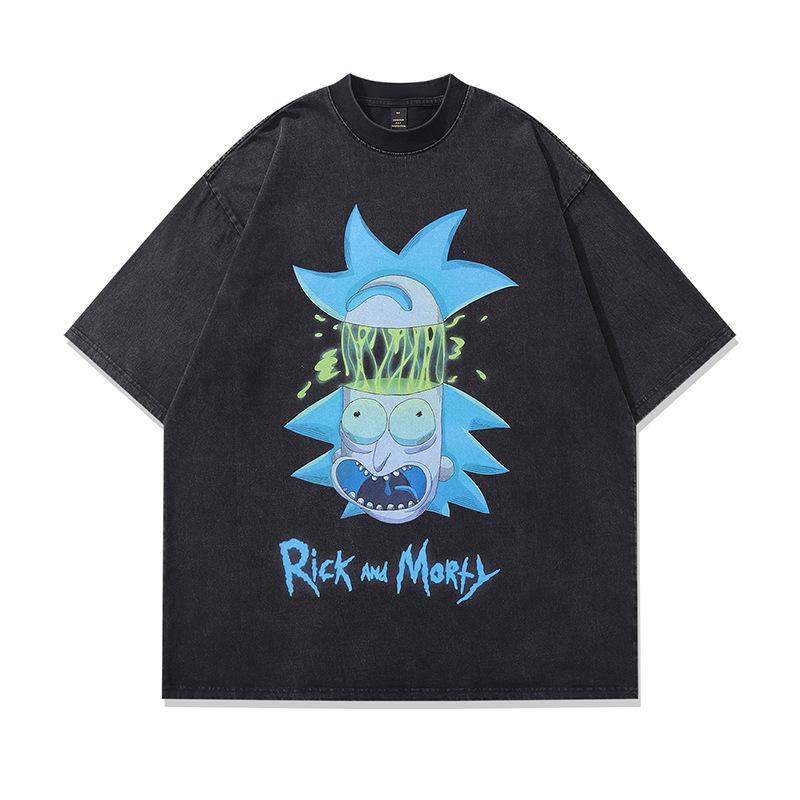 Harajuku Anime Print Washed Old Short-Sleeved T-Shirt Men'S American Retro Ins Street Tide Brand Casual Base