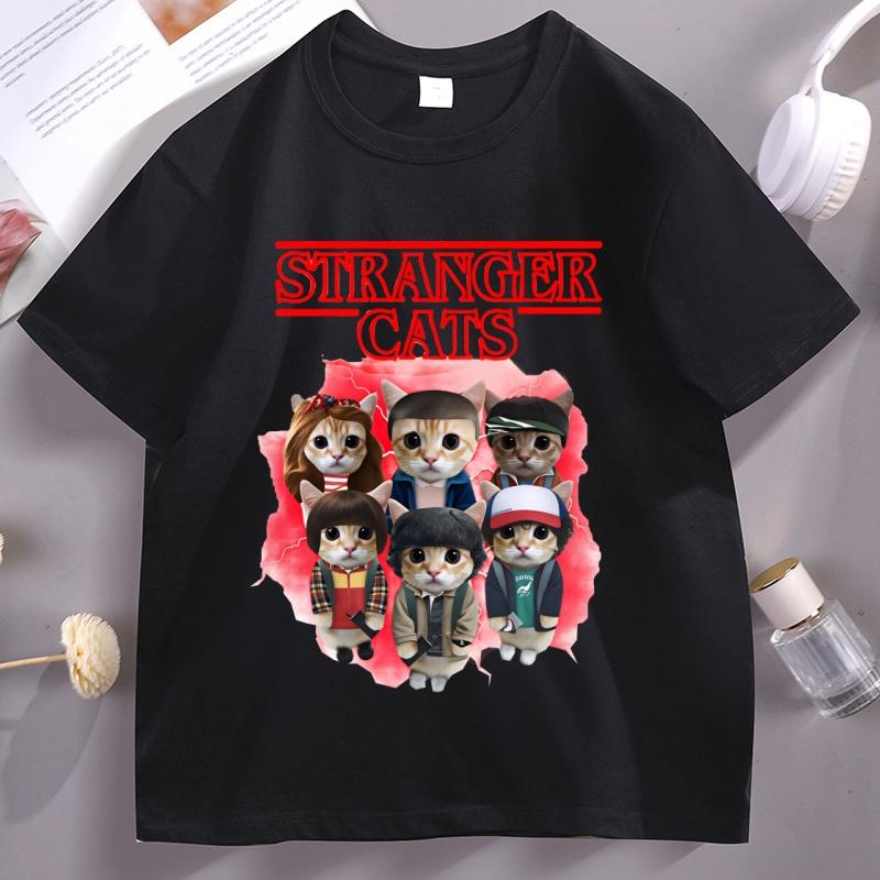 Stranger Cats T Shirt Unisex Unisex Funny Cat Lover Tee Cat Mom Gift Clothes Parody Graphic Tee Summer Round Neck Short Sleeve Tops