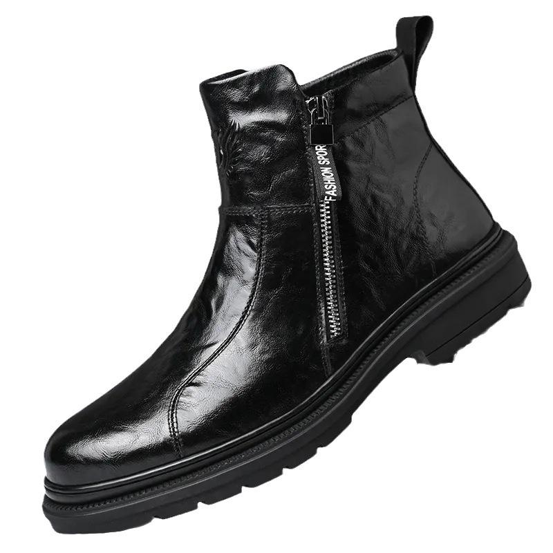 Férfi 2024 Brit Stílusú Fekete Bőr Motoros Csizma - Magasszárú, Vastag Talpú, Légáteresztő, Plusz Bársony.