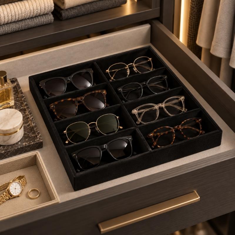 Open Glasses Storage Tray with 8 Separate Compartments, Single-Level Fabric-Covered Layout for Visible Eyewear Storage