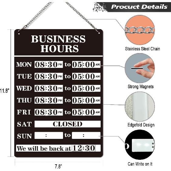 Magnetic Changeable Business Hours Sign, Metal Hours of Operation Signs for Business, Store Hours Sign for Glass Door or Window (BLACK)