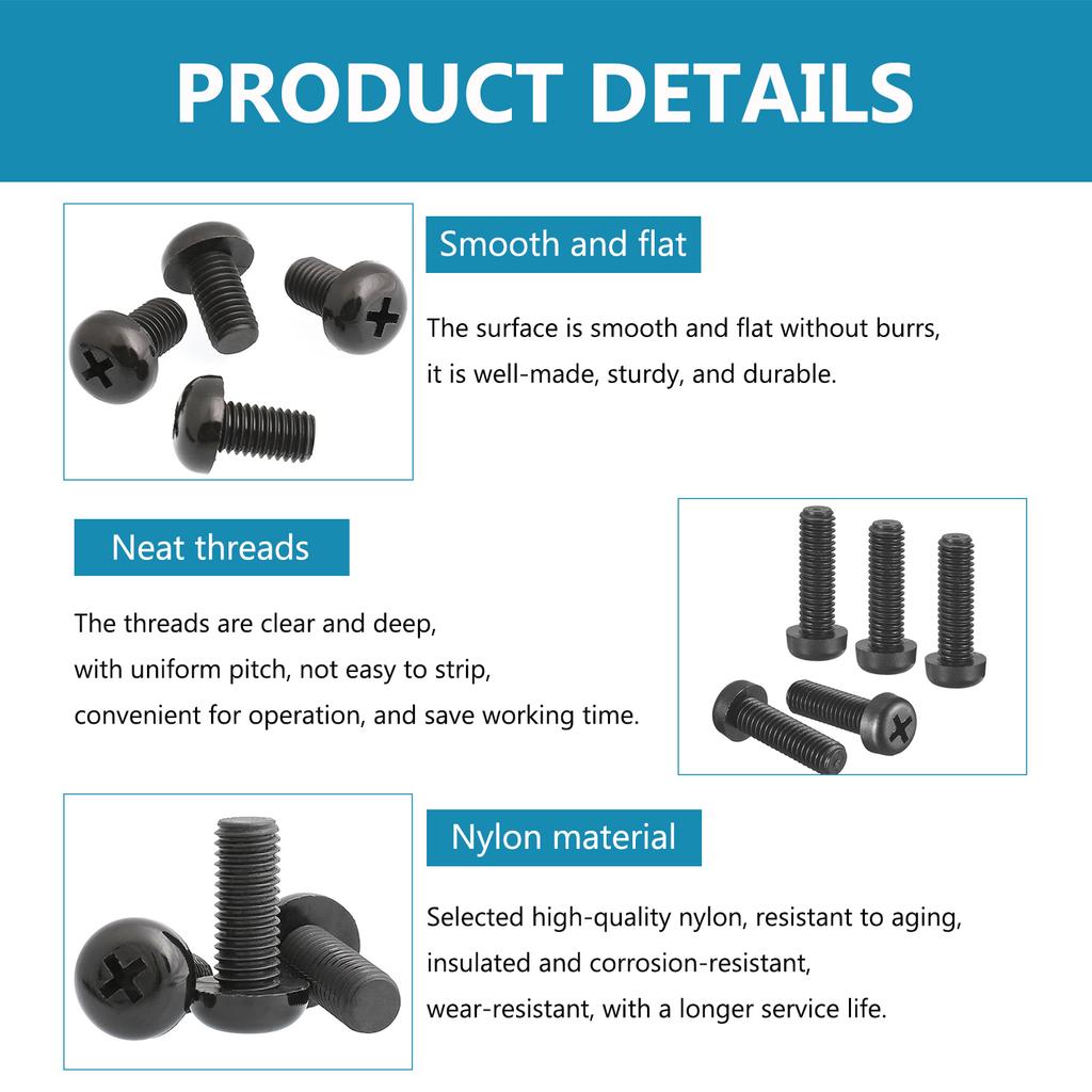 25Pcs M2-M8 Black Nylon Phillips Pan Head Machine Screws, Plastic Threaded Fasteners for Electronics & Industrial Use