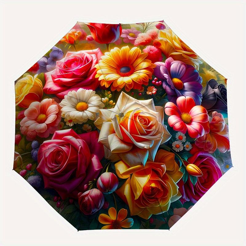 Floral Bouquet Theme Automatic Open/Close Umbrella, Portable 3 Fold Compact Umbrella for Men & Women, Valentine's Day Mother's Day Gift0725089