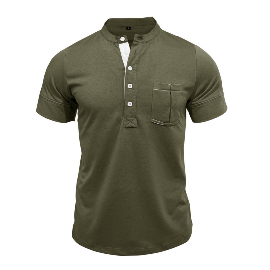 Men's Casual Solid Color Outdoor Sports Shirt Henley Short Sleeve Pocket T-Shirt Cotton Blend Round Neck Lightweight Comfortable