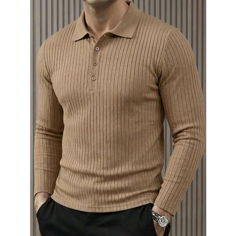 Mens Casual Sports Long Sleeve Turn Down Collar Ribbed Polo Shirt S хаки