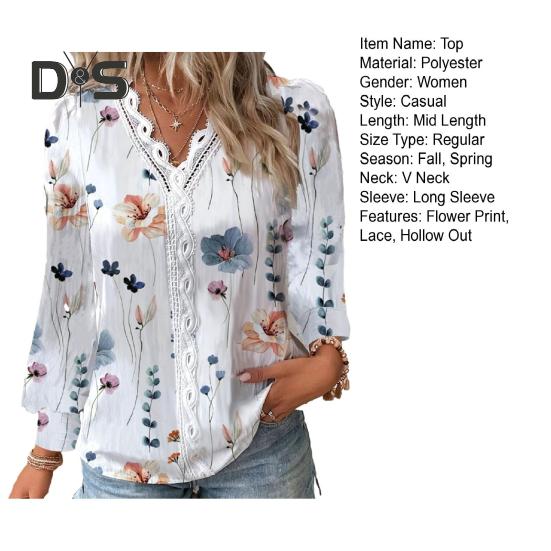 Women Fall Top V Neck Lace Patchwork Flower Print Long Sleeve Loose Soft Breathable Colorfast Hollow Out Elegant Commute Lady Blouse