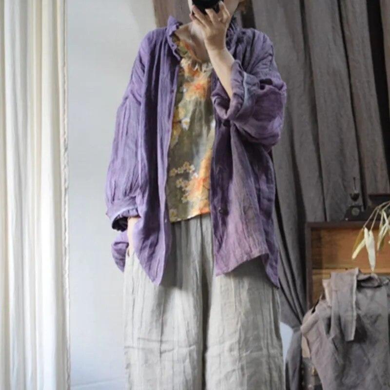 Johnature Linen Retro Irregular Vintage Style Shirt Autumn Woman Long Sleeves Casual Single Breasted Shirt