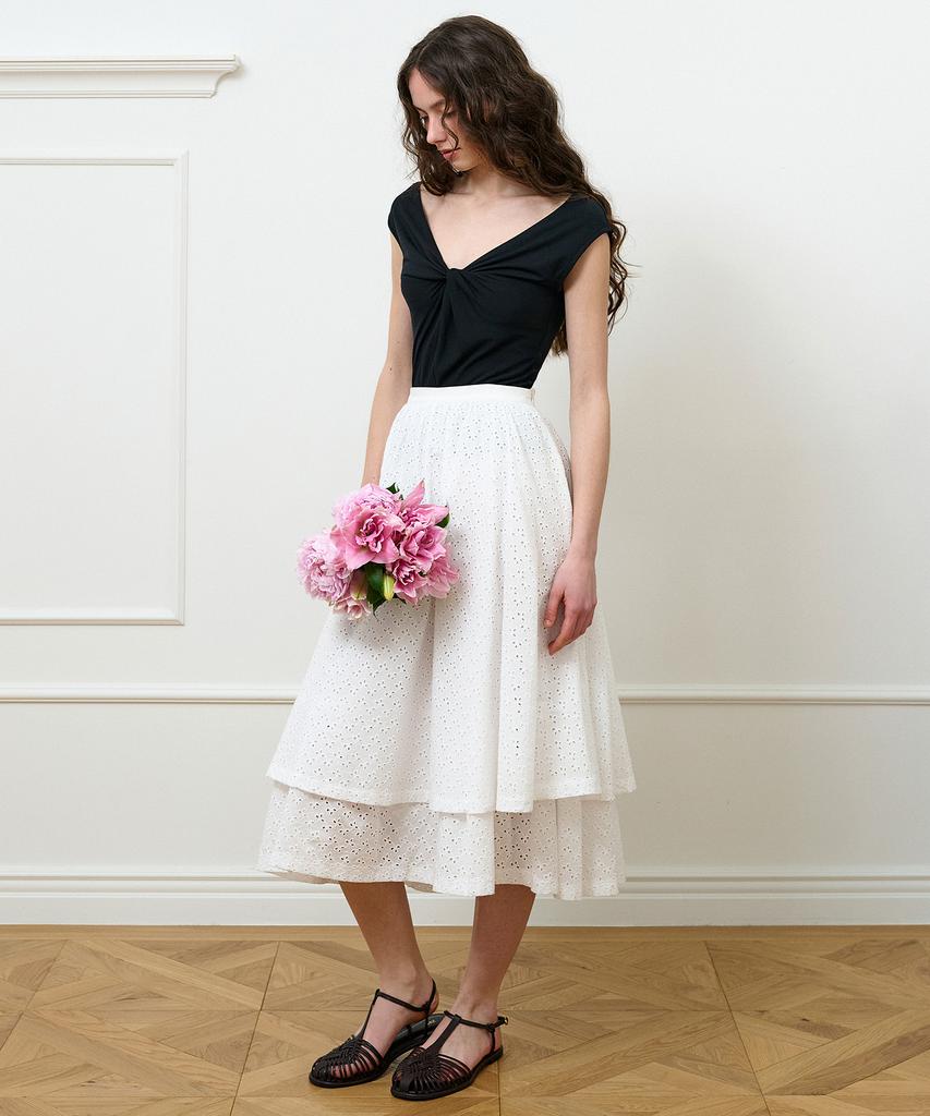Retour Deux Vingt Quatre Dana Layered Shirred Maxi Skirt (White)