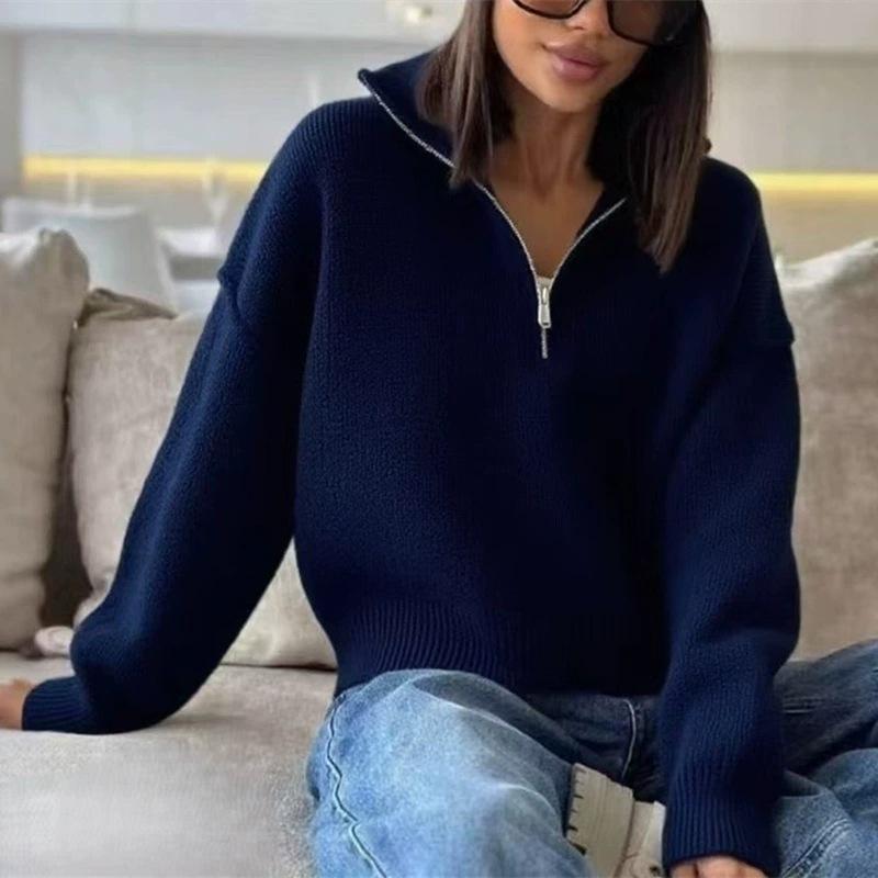 

Женский свитер с воротником-стойкой на молнии, осенне-зимний, свободный, высококлассный вязаный топ, женское универсальное пальто average size