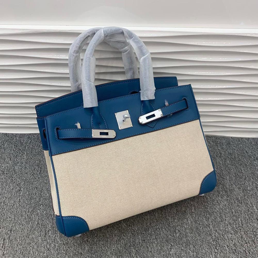 

Новая парусиновая и кожаная сумка с платиновым цветовым блоком, ретро и модная, большая вместимость, ручная сумка для поездок, контрастный цвет, замок, сумка через плечо 30x17x22cm