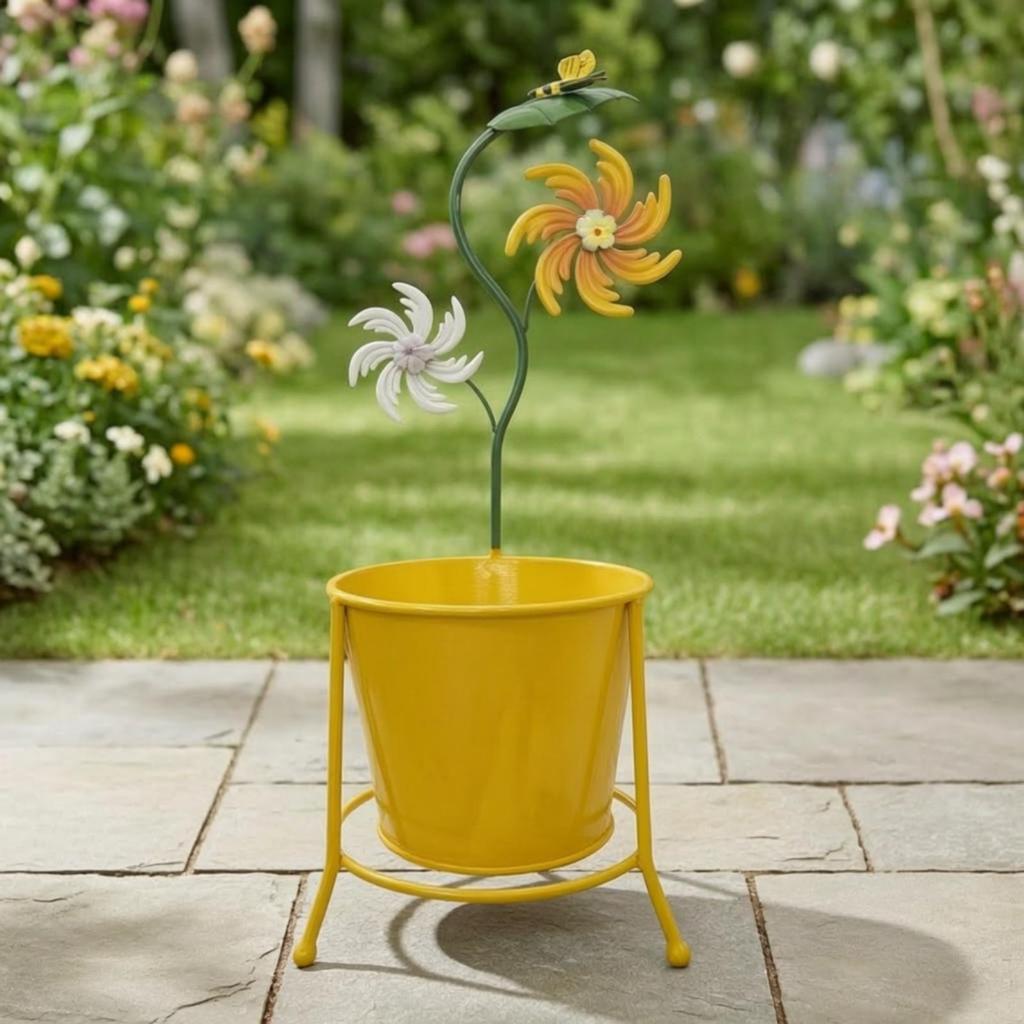 Yellow Iron Planter with Floral Metal Ornaments Indoor Outdoor Flower Stand