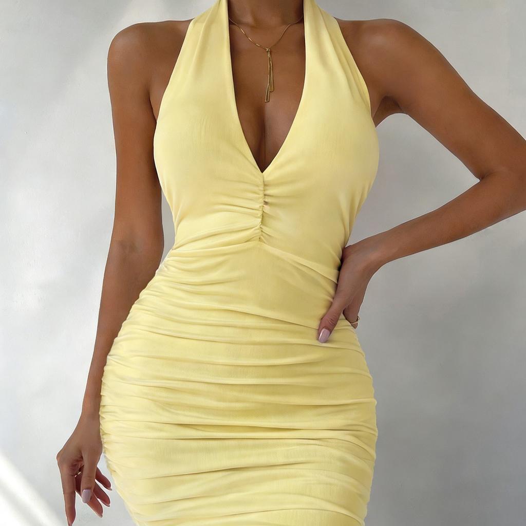 2026 Summer New Women's V-neck Halterneck Open Back Off-the-Shoulder Sexy Simple Pleated Dress