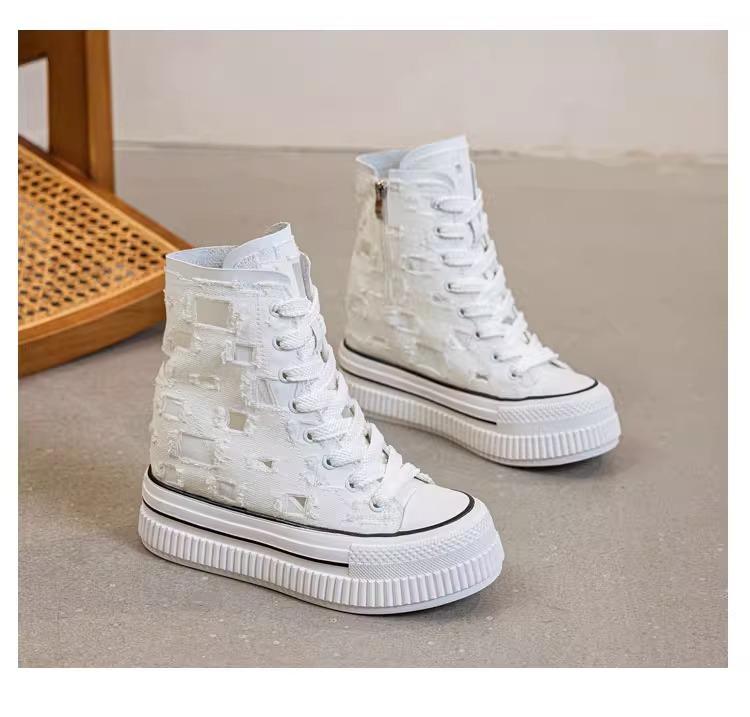 

Internet celebrity real soft leather thick-soled inner height-increasing canvas shoes women s spring and summer mesh yarn breathable hole muffin c 40