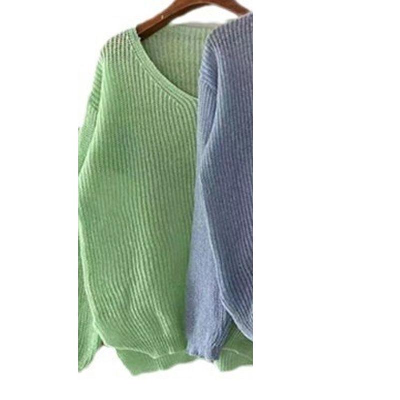 V-neck Fashion Loose Pullover Knitted Sweater Thin Sunscreen Blouse Women Long Sleeve Cover Up 2025 New Elegant Solid Knitwear Korean Solid Color Top
