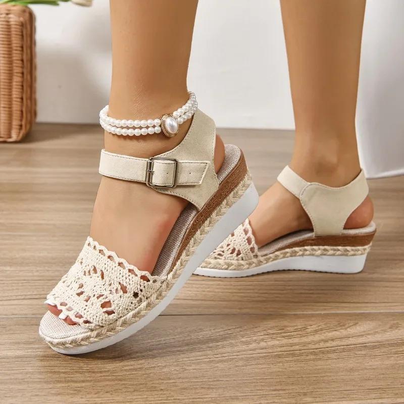Women's Platform Sandals Fashion Embroidered Canvas Sandals New Breathable Mesh Sandals Women Wedge Heel Sandal Sandalias Mujer