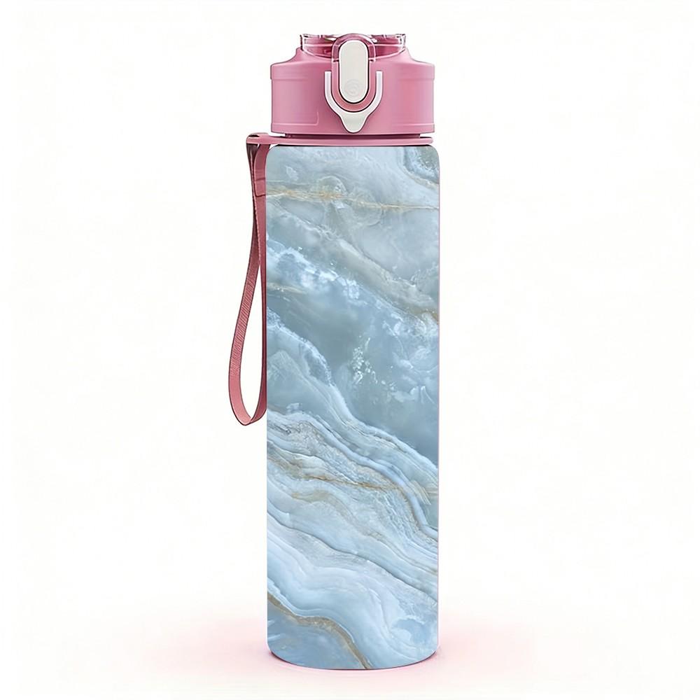 1PC Pale Blue Grey Wavy Marble Texture Background 750ml Color Plastic Sports Water Bottle Leakproof Flip Straw Lid Suitable for Sports Office Home Use