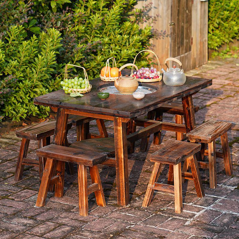 Outdoor Anti-corrosion Fire Pit Tea Table with Solid Wood and BBQ Function, Includes Indoor/Outdoor Chairs for Home Use
