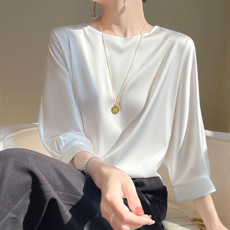 In Summer Satin Silk Half-Sleeve Tee Tops Basic Solid Women‘s T-Shirt Casual O-neck Thin Shirts Ladies Loose Blouses