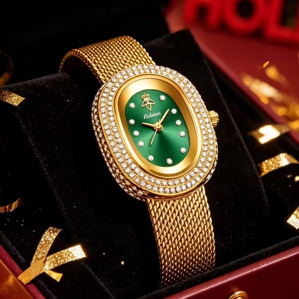 YaLaLuSi Elegant Oval Women Watch Shiny Crystal Bezel Mesh Band Quartz Ladies Wrist Watch Luxury Gift Watch For Her