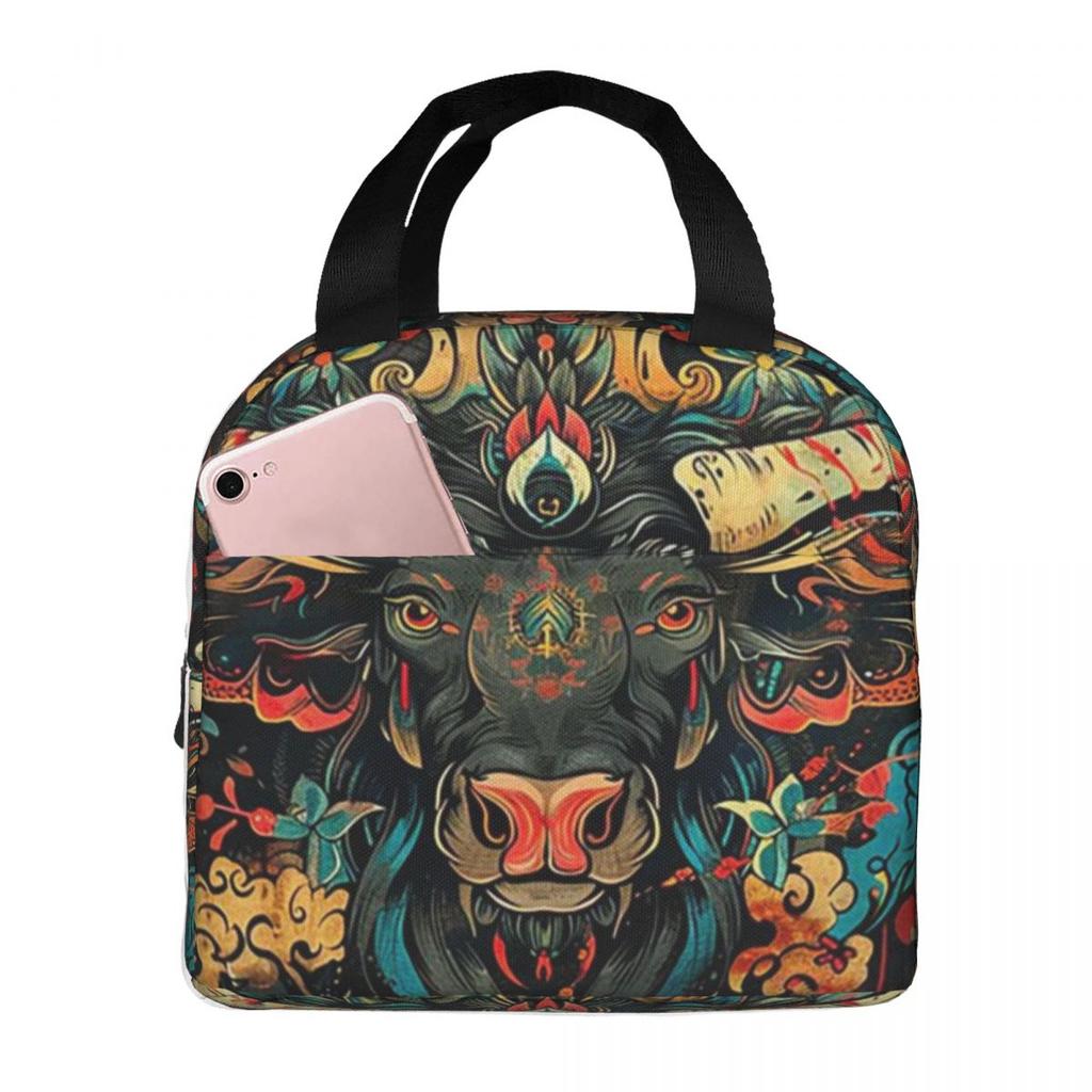 Ox Head Surrounding The Flowers Pattern Insulated Lunch Bag for Women Children Portable Food Boxes Thermal Lunch Box Tote