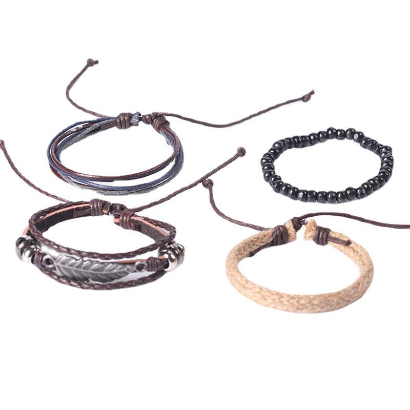 Vintage Multi-Layer Wax Rope Bracelet with Metal Leaf Charm