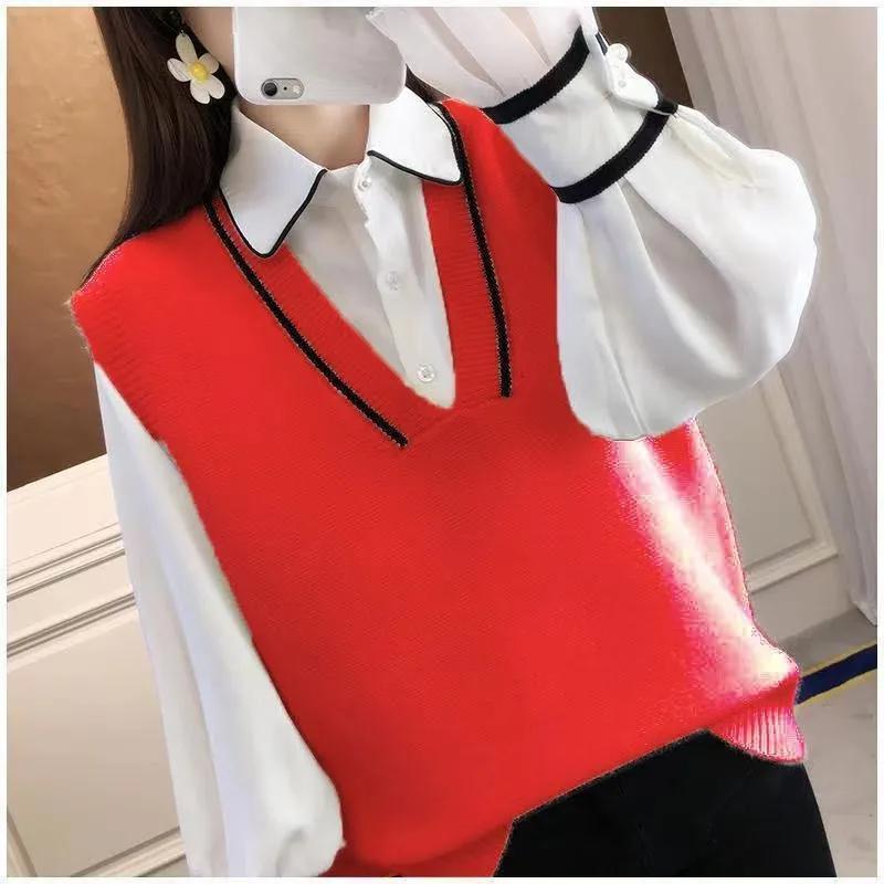 WTEMPO Fall Winter Simple Loose Casual Warm Jumpers Women Solid Color Sweater Vests V-neck Knitted Sleeveless Pullovers