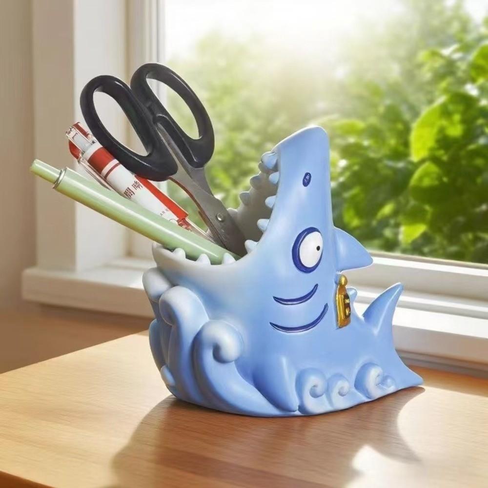 Cartoon Shark Pen Holder Creative Stationery Storage Box Study Room Resin Pen Holder  School