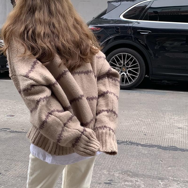 Autumn Winter Women Retro Sweater Casual Pullovers Basics Knitted Korean Loose Striped O-neck Long Sleeve Half High Neck Knitted Sweater