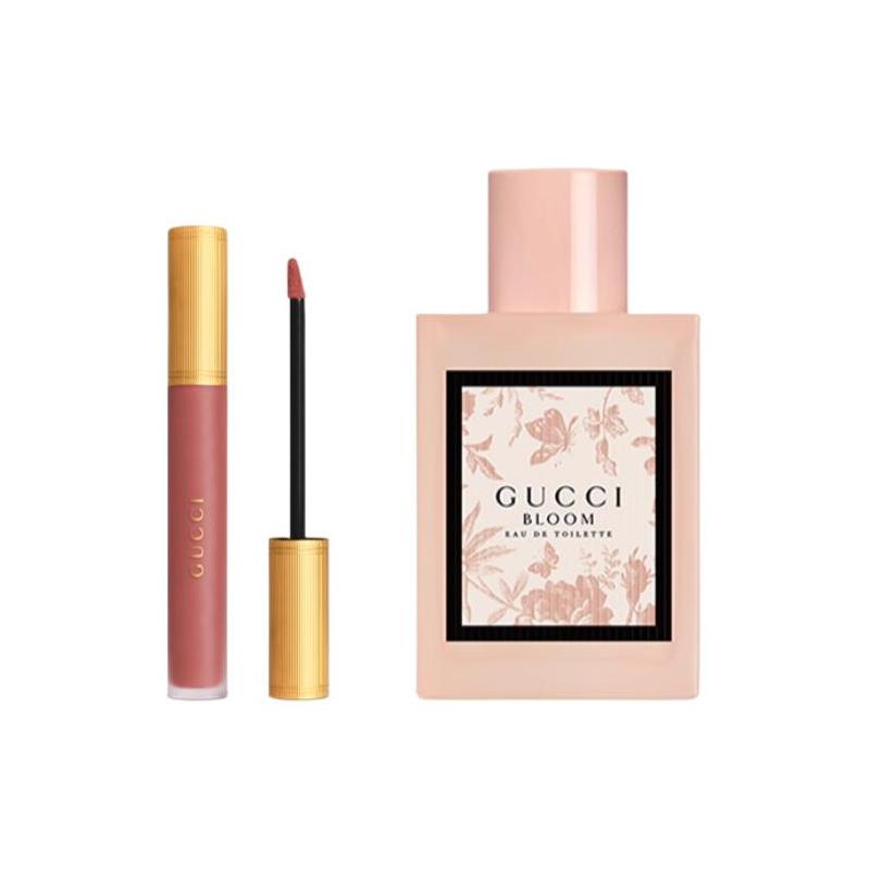 Gucci perfume set Huayue Women s Small Gold Tube Gold Velvet Lipstick Gift Box Floral Two-piece set J: Huayue Perfume 50ml + Cloud Mist Lip Glaze #217