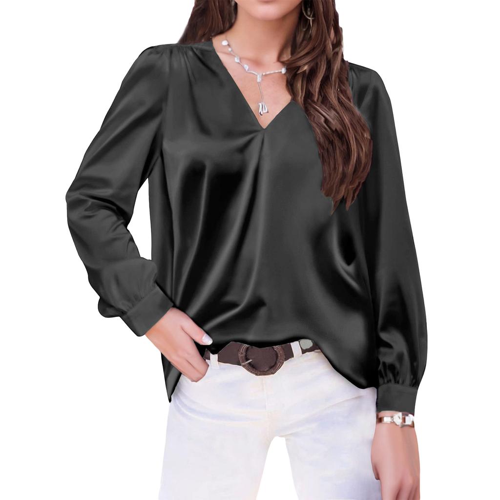 Women's V,Neck Casual Loose Satin Ruched Long Sleeve Work Blouse