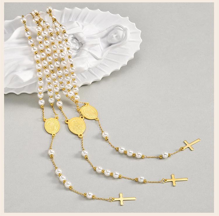 Collane Rosario con Perle e Croce per Donne, Collana Vergine Maria, Collana a Catena Y Crucifisso Cattolico Anti-appannamento