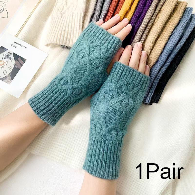 1Pair Women Winter Warm Gloves Soft Fingerless Long Polyester Solid Color Warmer Mittens