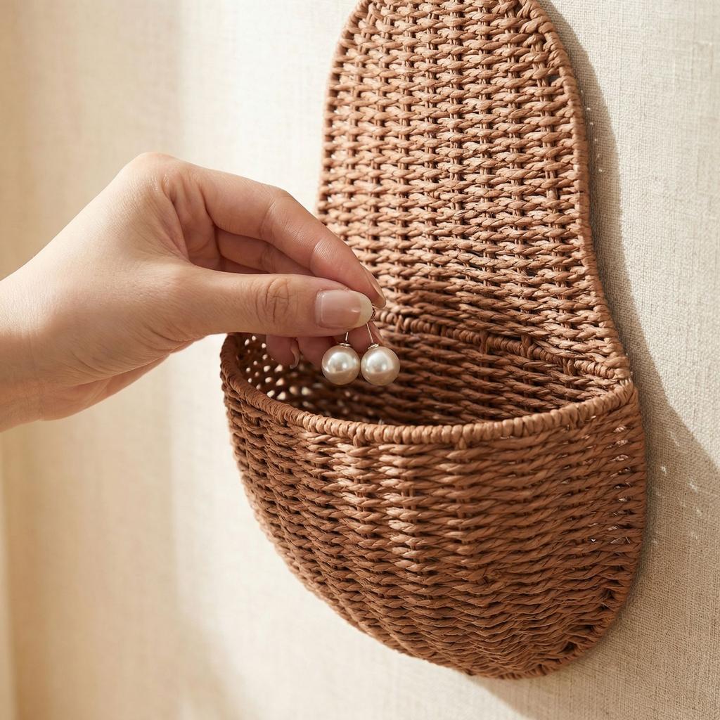 Handwoven Pear Shaped Wicker Wall Basket Natural Storage for Entryway Bathroom Kitchen Nursery Decor