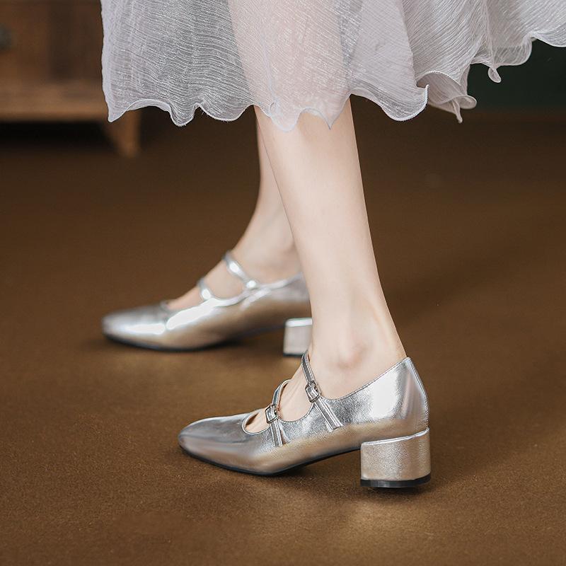 2025 French silver Mary Jane women's shoes summer square head ballet single shoes thick heel cross buckle high heels retro