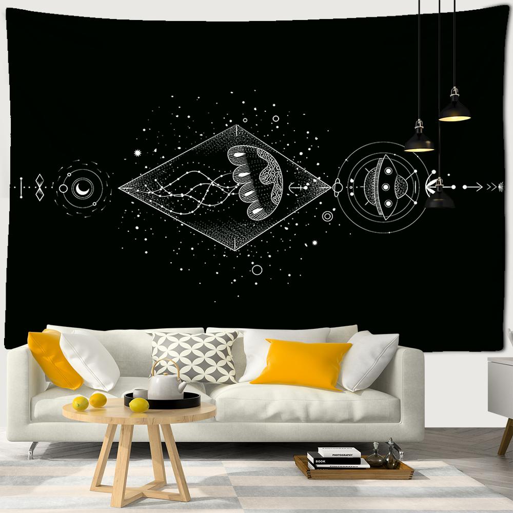 Black White Sun Moon Starry Sky Tapestry Witchcraft Beach Towel Galaxy Planet Constellation Tapestry Boho Decor Hippie Wall Hang