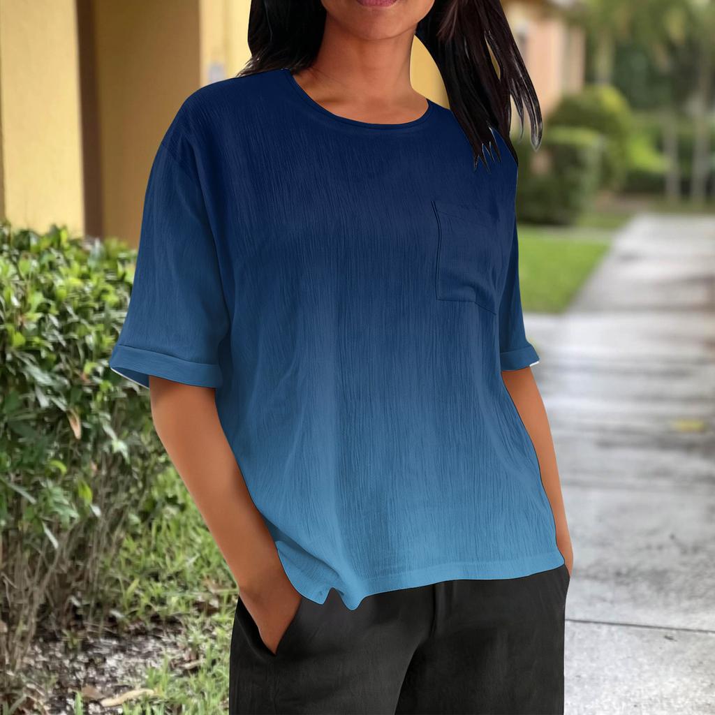 Fashionable Women's T-shirt Short Sleeved Casual Top With Pocket Gradient Print Round Neck Lightweight Shirt