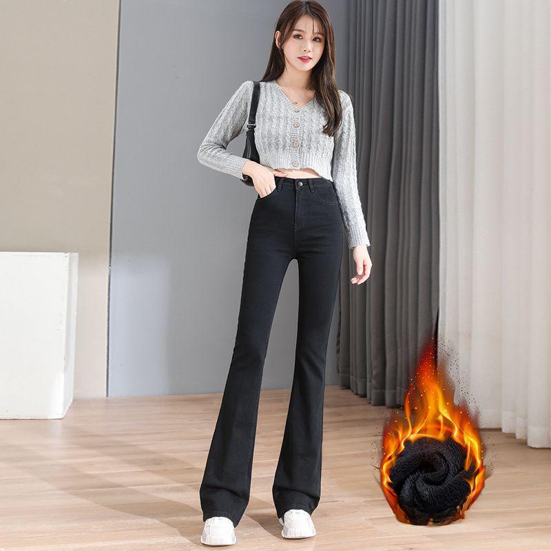 

Джинсы с высокой посадкой и утолщенной тканью для женщин, облегающего кроя, узкие, осенне-зимние, в стиле ретро, клеш, подкова XXL