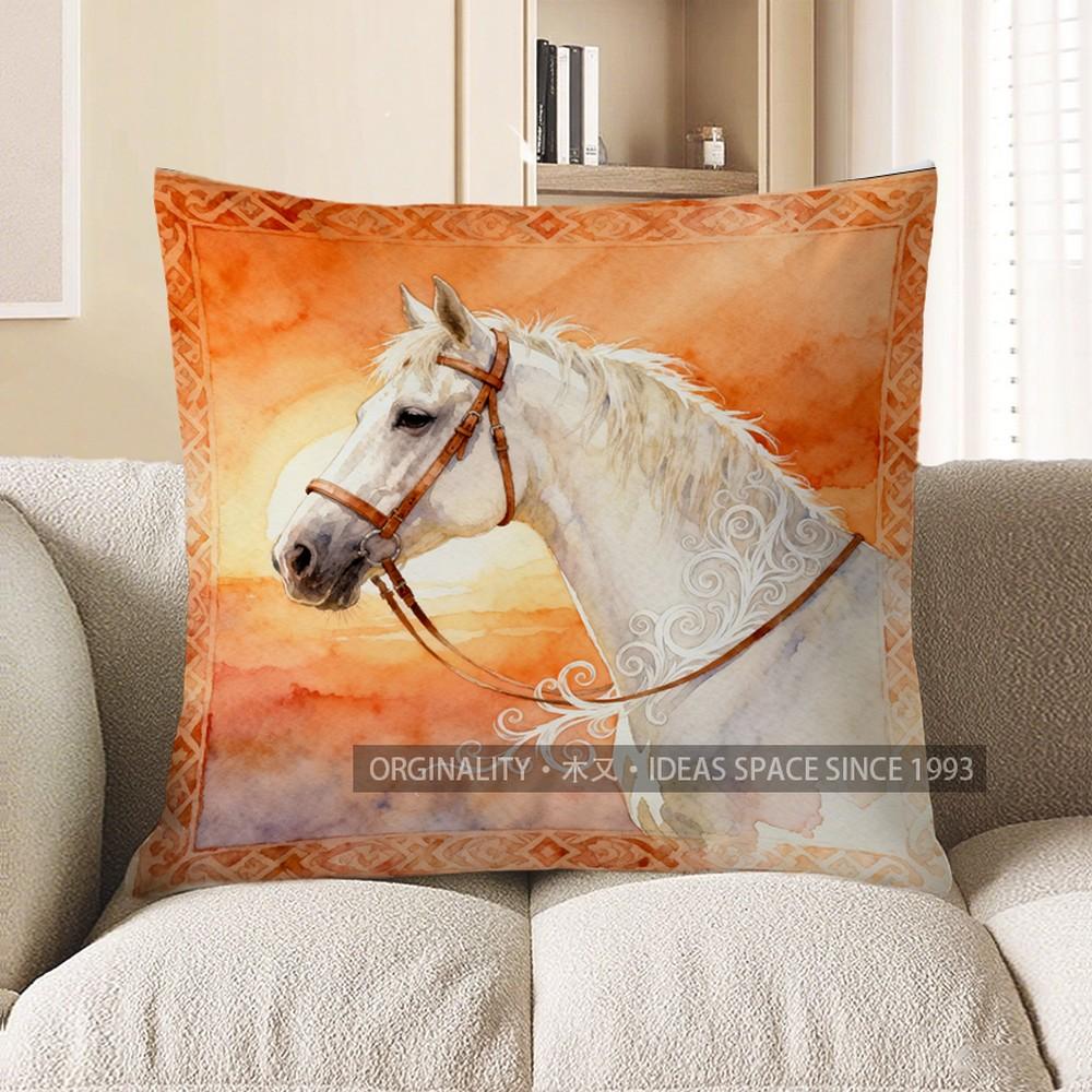 2D White Horse With Sunset Pattern Pillow Cover Pattern Cushion Cover Suitable For Sofa Bedroom Car Pillow Cover