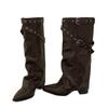 2025 new pointed wedge heel straight pants tube boots white belt buckle high boots but knee boots sweet cool western boots