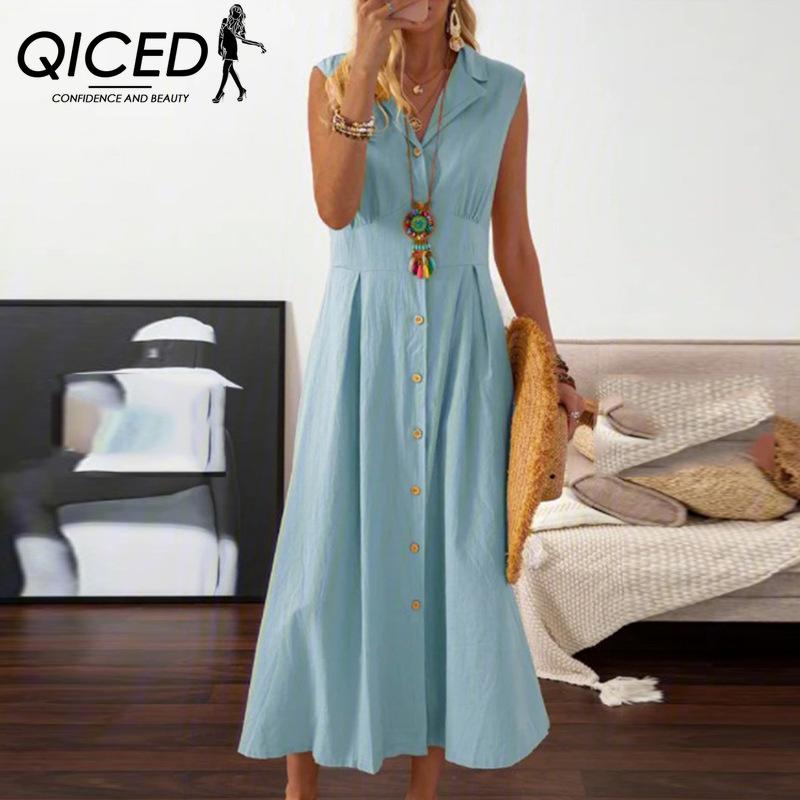 

QICED Элегантное платье А-силуэта для леди, однобортное длинное платье с широким подолом, однотонное XL синий