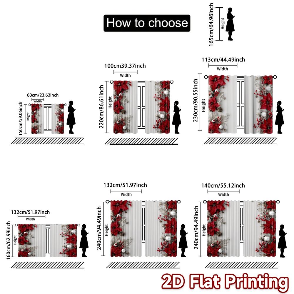 Flat Printing Curtain Christmas Poinsettia Elegance Digital Printed Polyester Drapes Festive Wall Decor Use Art Set Of 2 Made Washable