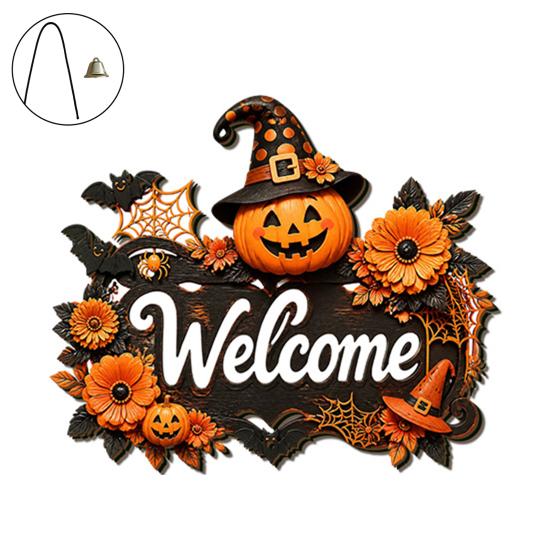 Durable Door Sign for Porch Halloween Pumpkin Ghost Wooden Welcome Hanger Sign, Cute Wall Ornament with Bell Front Hanging Rope, Decor Indoor Outdoor