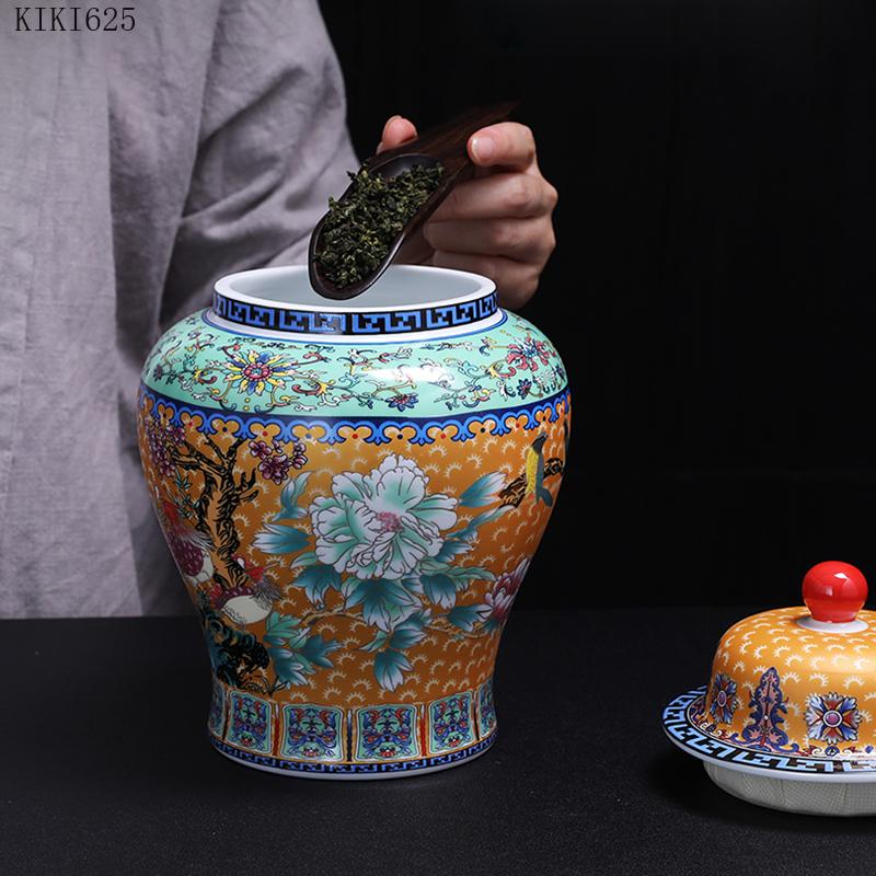 Ceramic Painted Flower and Bird Tea Caddy Color General Jar Household Food Coffee Bean Storage Jar Flower Arrangement Decoration