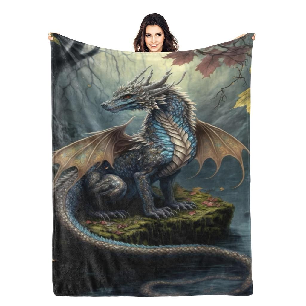 Ice Dragon and Wolf Flannel Printed Blanket Soft Comfortable Bed Blanket Modern Style Themed Decorative Blanket