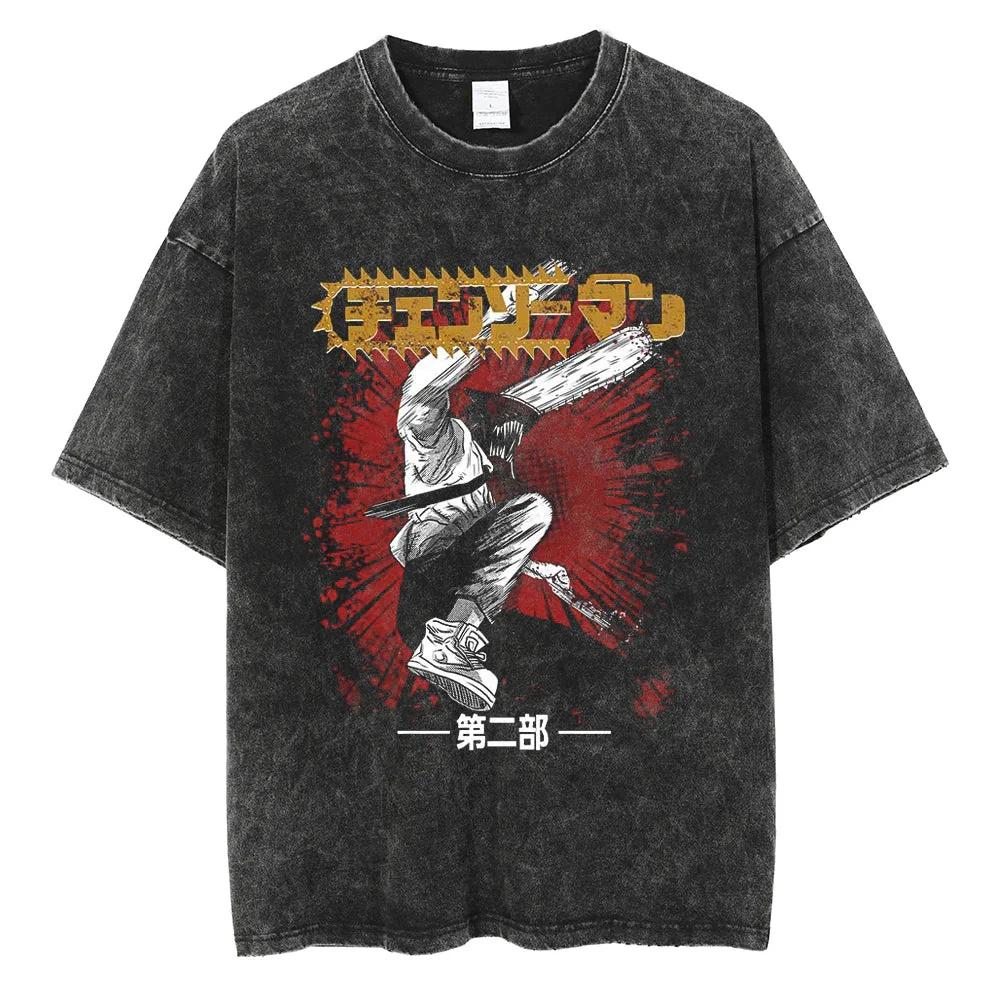 Kettensägenmann Power Anime Bedrucktes T-Shirt für Herren und Damen Gewaschenes T-Shirt Hohe Qualität Vintage Baumwoll-T-Shirt YK Tops